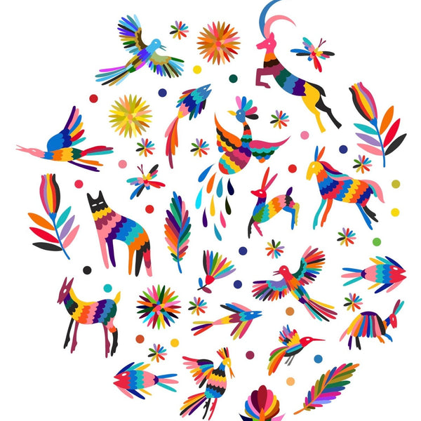 Colorful, stylized illustration of various animals and birds with vibrant floral and geometric patterns on a white background, featuring Cover-Alls Otomi Animals and Flowers Decals.