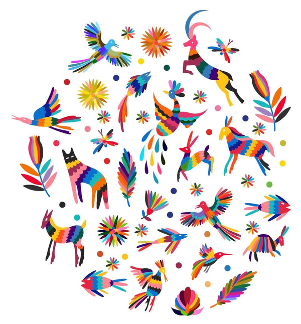 Colorful, stylized illustration of various animals and birds with vibrant floral and geometric patterns on a white background, featuring Cover-Alls Otomi Animals and Flowers Decals.