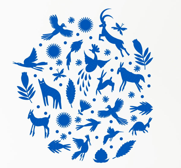 Blue Otomi Animals and Flowers Decals illustration by Cover-Alls, featuring a symmetrical arrangement of animal decals, birds, and floral motifs on a white background.