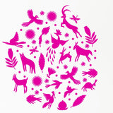 A vibrant pink Cover-Alls Otomi Animals and Flowers decal featuring a variety of animals and plants, including birds, deer, and flowers, arranged in a circular pattern on a white background.