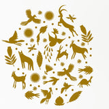 Gold illustrations of Otomi animals and flowers decals, arranged in a circular pattern on a white background.