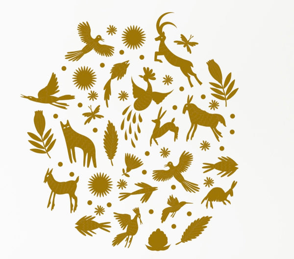 Gold illustrations of Otomi animals and flowers decals, arranged in a circular pattern on a white background.