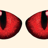 Two large, red, Cat Eye Decals with narrow black pupils, set against a light beige background by Cover-Alls.