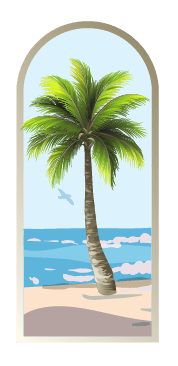 Arched window view of a beach with Cover-Alls Palm Tree Arch Scene Decals, sandy shore, and distant blue ocean under a light sky with fluffy clouds and a flying bird.