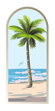 Arched window view of a Cover-Alls Palm Tree Arch Scene Decal with a sandy beach and ocean in the background, under a clear sky with a flying bird.