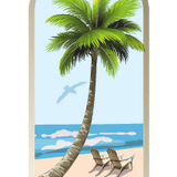 Arched window view of a tropical beach, featuring Cover-Alls' Palm Tree Arch Scene Decals, two deck chairs, and a distant seagull flying over the ocean.