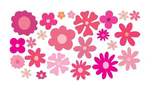 A collection of stylized pink and red flowers, radiating Cover-Alls Pink Flower Power, of various sizes and designs on a white background.