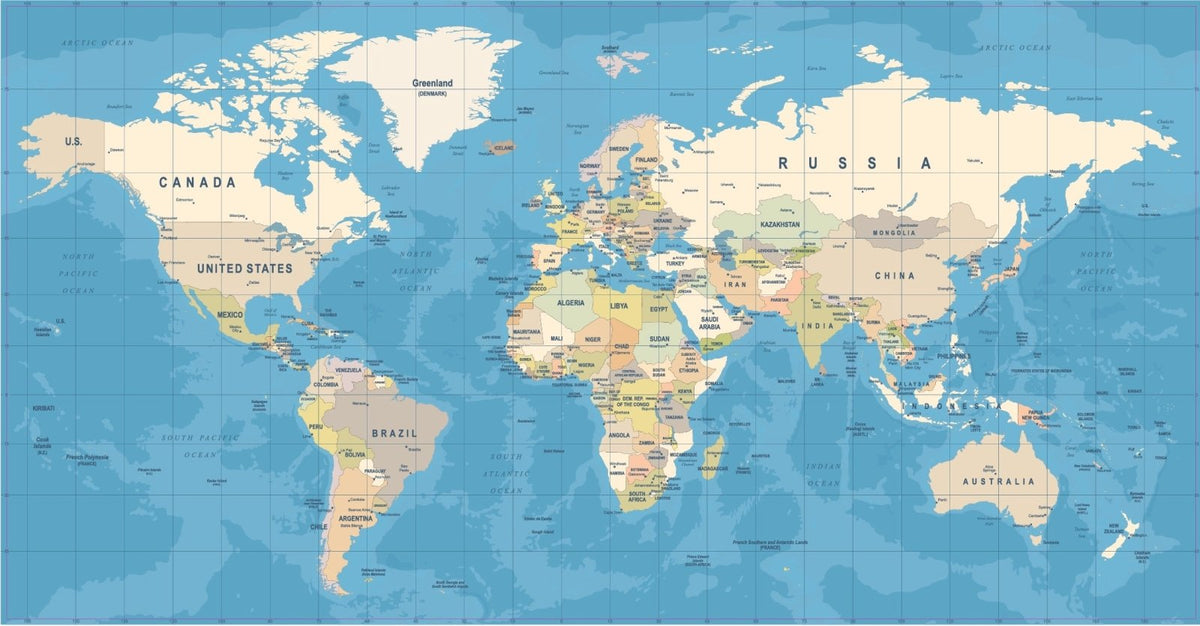 A Cover-Alls Political World Map in a soft vintage color palette showing all continents and countries with major bodies of water labeled, perfect for children's geography lessons.