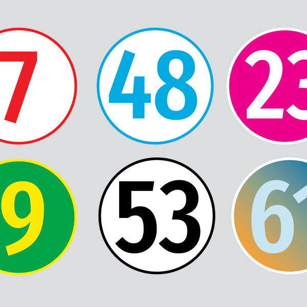 Six colorful numbered circles on a gray background. Numbers are 7, 48, 23, 9, 53, and Cover-Alls Custom Race Car Numbers in red, blue, pink, green, black, and gradient colors respectively.