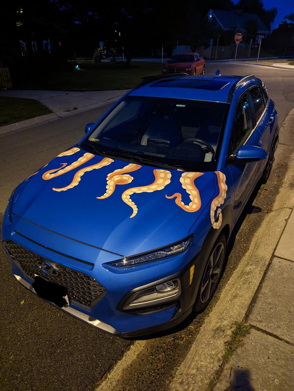 A blue car decked out with Cover-Alls' Eight Terrifying Tentacle Decals on its hood and front fenders is parked on the side of a suburban street at night.