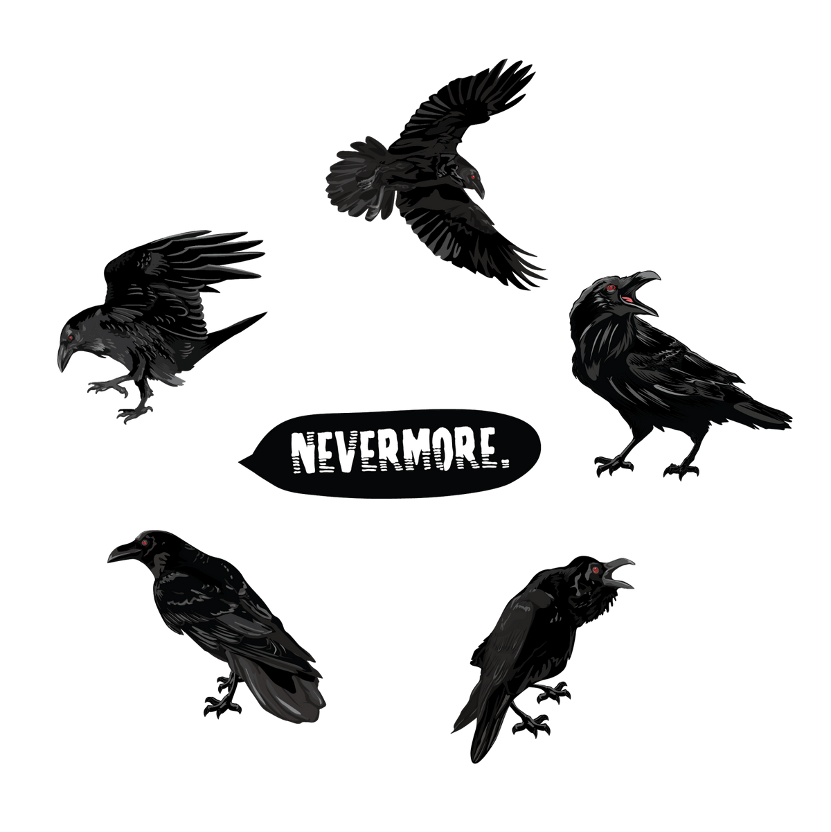 Six Red-Eyed Ravens in various poses with the word "nevermore." displayed on a green background, inspired by Edgar Allen Poe's poem.