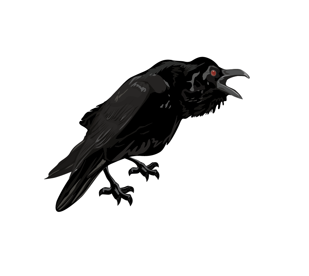 Illustration of a Red-Eyed Ravens raven standing with its beak open, set against a solid green background from Cover-Alls.