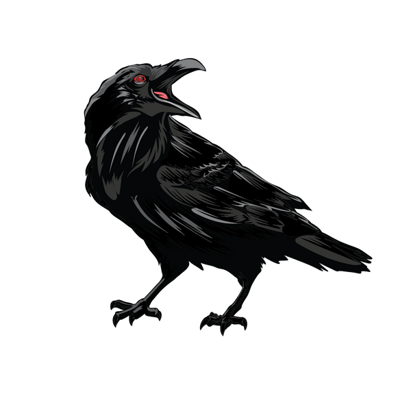 A Halloween Red-Eyed Raven from Cover-Alls, with its beak open, standing on two legs against a solid green background.