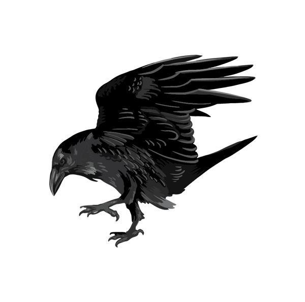 Illustration of a Halloween Red-Eyed Raven with spread wings landing, set against a dark green background by Cover-Alls.