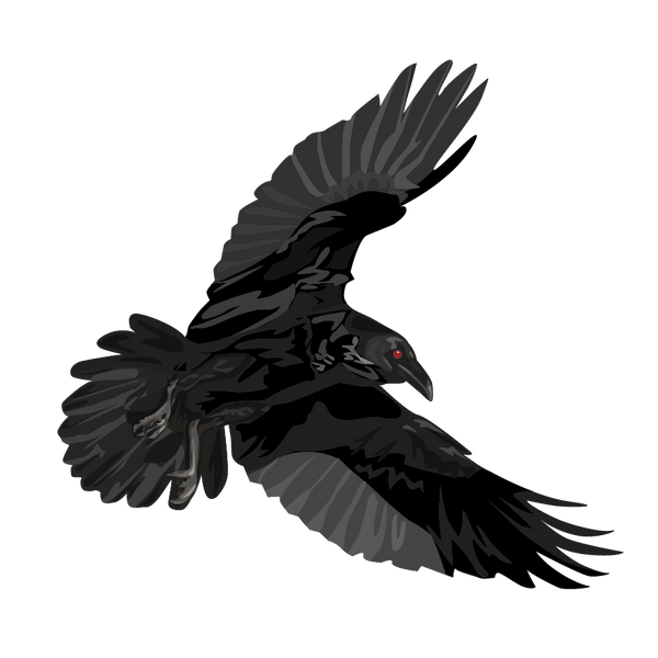 Illustration of a Halloween Red-Eyed Raven in mid-flight with wings fully extended, depicted against a solid green background by Cover-Alls.
