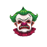 Illustration of a Cover-Alls Scary Clown with green hair, red nose, and a ruffled collar against a green background.