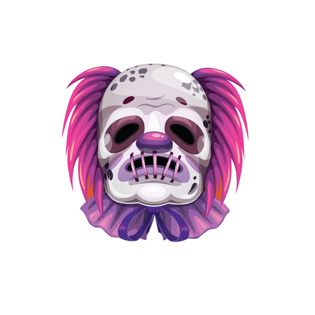 Illustration of a stylized skull with purple and pink hair and details, set against a plain green background in the Cover-Alls penitentiary.