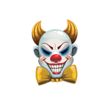 Illustration of a Cover-Alls Scary Clown with sharp teeth, red nose, yellow bow tie, and flaming orange hair styled like horns on a green background from the local penitentiary.