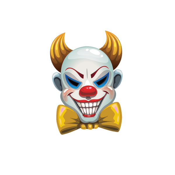 Illustration of a Cover-Alls Scary Clown with sharp teeth, red nose, yellow bow tie, and flaming orange hair styled like horns on a green background from the local penitentiary.