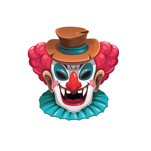Illustration of a Cover-Alls Scary Clowns face with red hair, wearing a brown hat and a blue ruffled collar, against a green background.