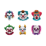 Six Scary Clowns life-sized cartoon clown faces with various expressions and colorful features displayed against a green background.