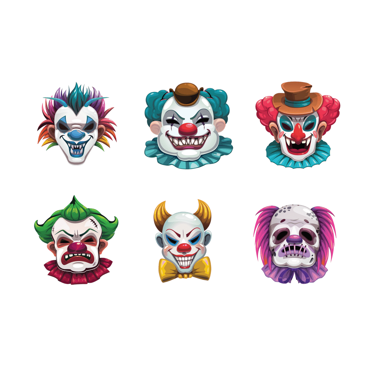 Six Scary Clowns life-sized cartoon clown faces with various expressions and colorful features displayed against a green background.