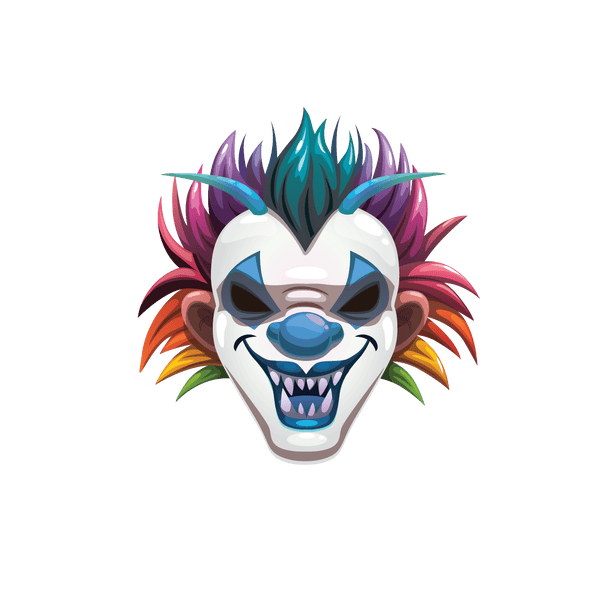 Illustration of a Cover-Alls Scary Clowns face with a menacing smile, featuring vibrant blue, purple, and orange hair against a dark green background, inspired by scary clown villains.