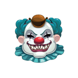 Illustration of a Cover-Alls Scary Clowns face with blue hair, a red nose, wearing a small brown hat, and a ruffled collar, set against a green background.