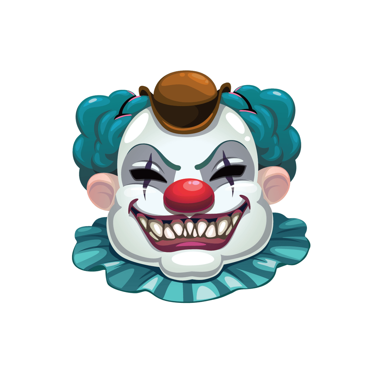 Illustration of a Cover-Alls Scary Clowns face with blue hair, a red nose, wearing a small brown hat, and a ruffled collar, set against a green background.