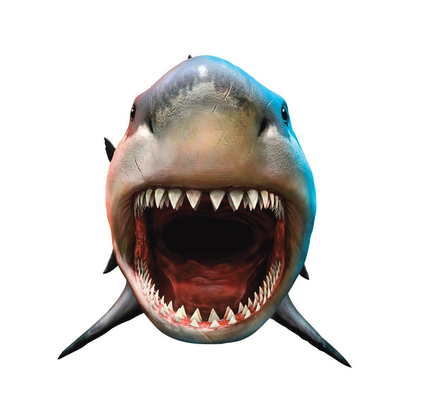 Frontal view of a Scary Shark Decals from Cover-Alls with an open mouth and visible sharp teeth, perfect for Halloween terror, isolated on a white background.