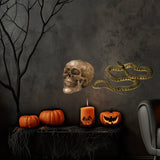 A Halloween scene with Dark Flowers, a skull, a Cover-Alls Striped Vintage Snake Decal, pumpkins, lit candles, and a dark, bare tree on a table next to a gray armchair against a dark wall.