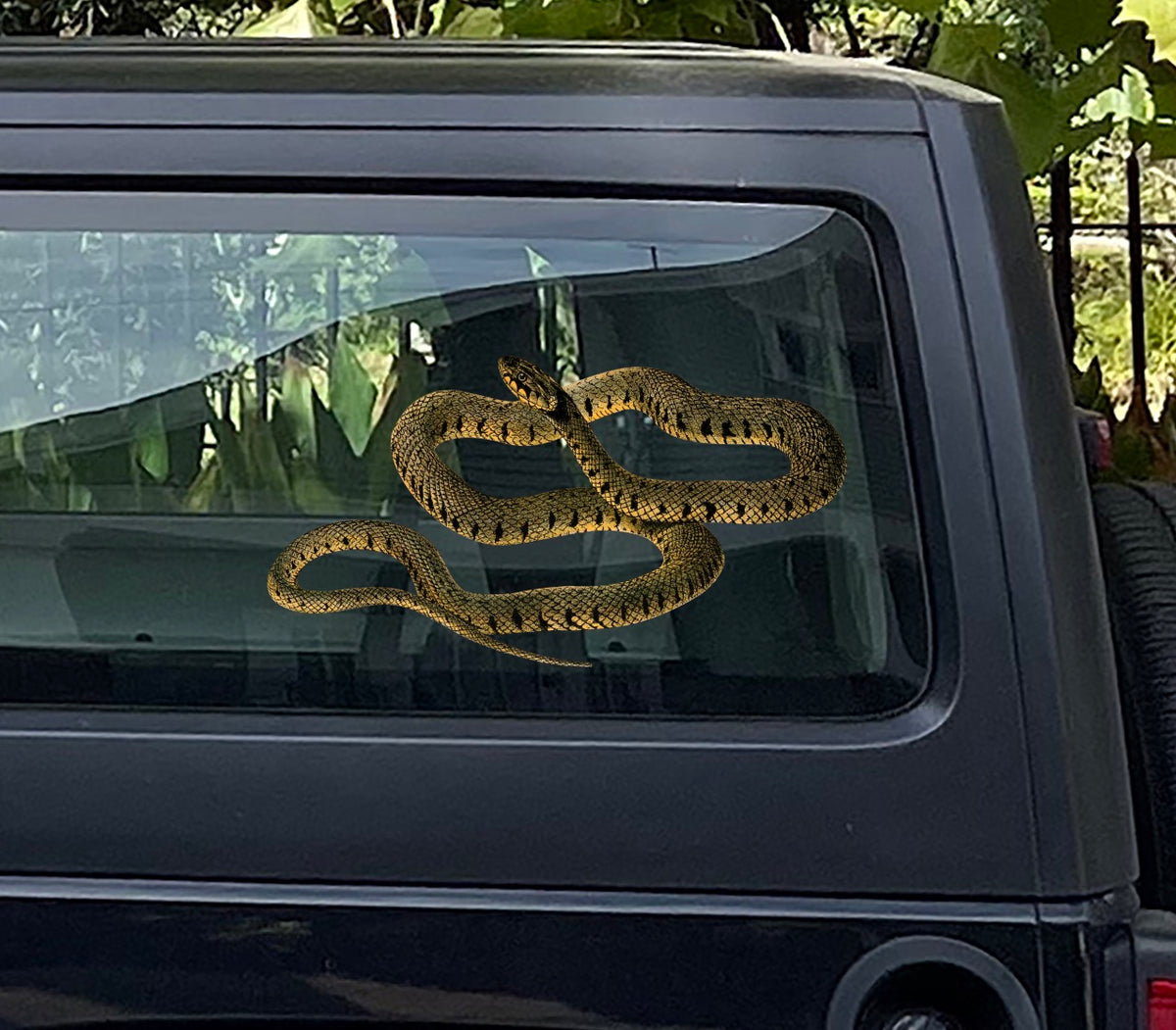 A Cover-Alls Striped Vintage Snake Decal is applied to the rear window of a dark-colored vehicle.