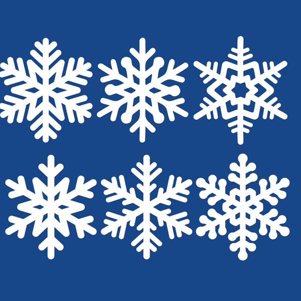 Six white Cover-Alls snowflake decals on a solid bluish-silver background.