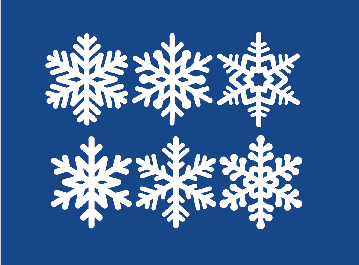 Six white Cover-Alls snowflake decals on a solid bluish-silver background.