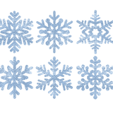 Five glittery bluish-silver Cover-Alls snowflake decals arranged in a circular pattern on a dark green background.