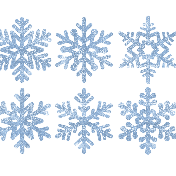 Five glittery bluish-silver Cover-Alls snowflake decals arranged in a circular pattern on a dark green background.