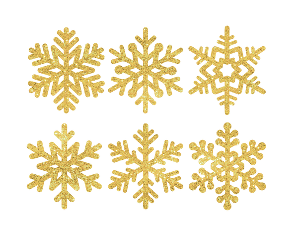 Five gold Cover-Alls snowflake decals on a dark green background.