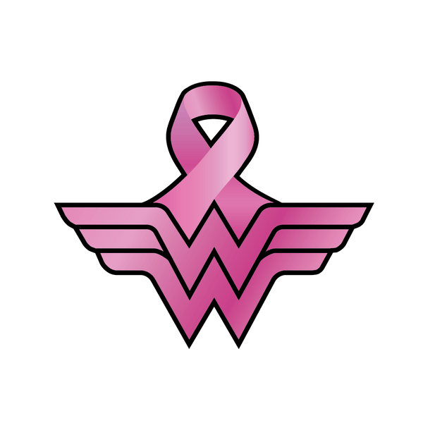 Superhero Breast Cancer Ribbon integrated into a stylized letter 'W' inspired by Wonder Woman, set against a green background.