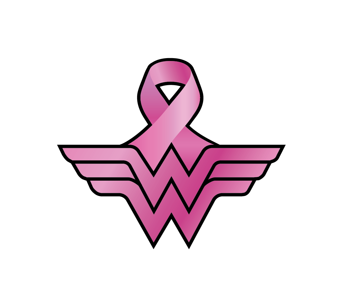 Superhero Breast Cancer Ribbon integrated into a stylized letter 'W' inspired by Wonder Woman, set against a green background.