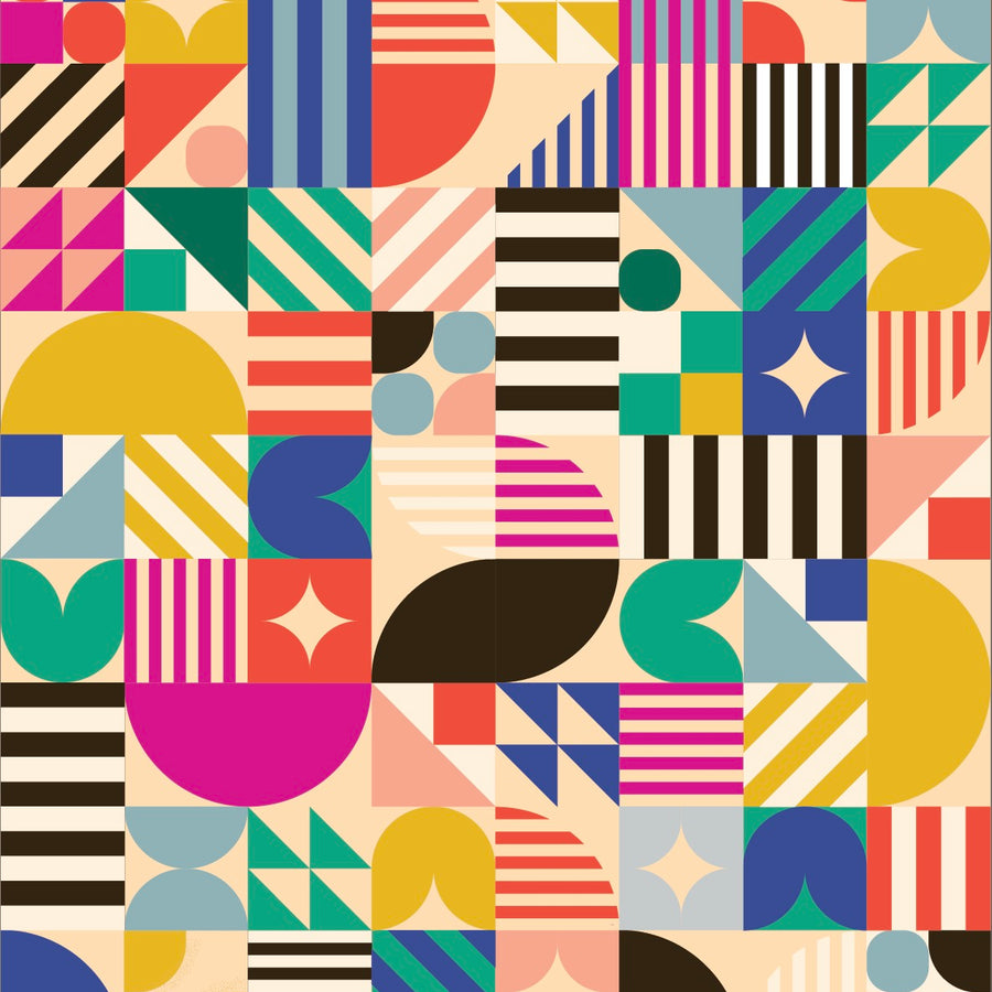 Cover-Alls' Bauhaus Tile Wallpaper showcases bold geometric patterns—circles, squares, and triangles—with stripes and solids in blue, pink, yellow, green, black, and beige. Ideal for wallpaper rolls or chic tile wallpaper designs.
