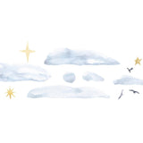 Watercolor painting of a serene sky with fluffy Clouds, a crescent moon, Stars, and flying Birds on a white background using Cover-Alls Watercolor Clouds & Stars & Birds.