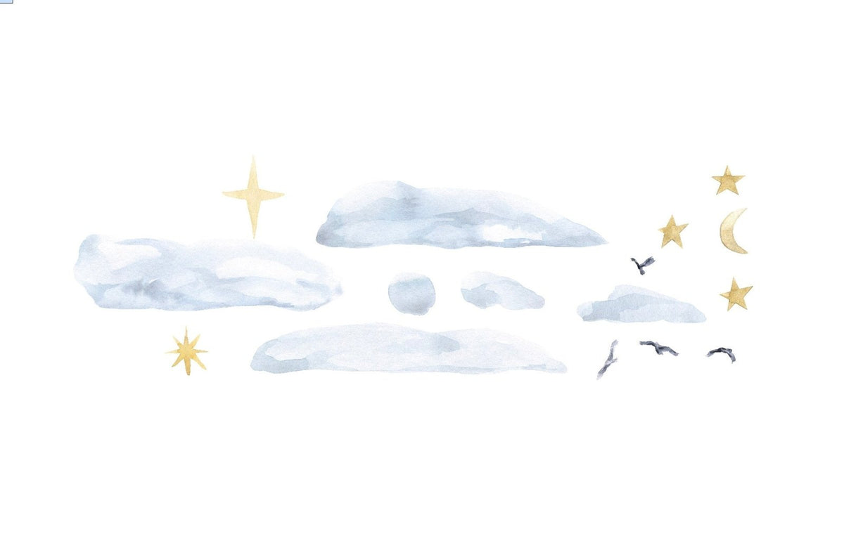 Watercolor painting of a serene sky with fluffy Clouds, a crescent moon, Stars, and flying Birds on a white background using Cover-Alls Watercolor Clouds & Stars & Birds.