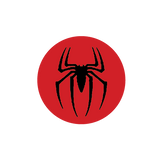 Cover-Alls' Web-Slinging Hero Icon Decal, featuring a stylized black spider silhouette on a red circular background with a city skyline decal, centered against a green backdrop.