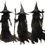 Three shadowy figures wearing pointed hats and holding staffs, shrouded in dark, flowing garments, stand in a line against a white background—a hauntingly beautiful scene captured in 