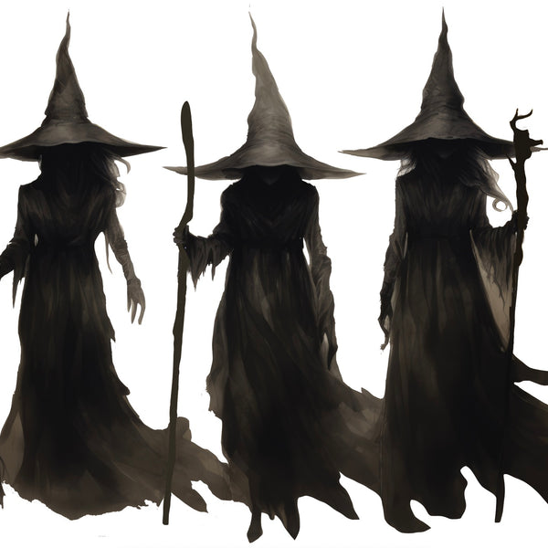 Three shadowy figures wearing pointed hats and holding staffs, shrouded in dark, flowing garments, stand in a line against a white background—a hauntingly beautiful scene captured in "A Trio of Witches" by Cover-Alls, perfect for wall decor.