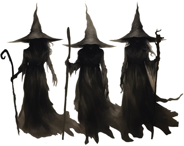 Three shadowy figures wearing pointed hats and holding staffs, shrouded in dark, flowing garments, stand in a line against a white background—a hauntingly beautiful scene captured in "A Trio of Witches" by Cover-Alls, perfect for wall decor.