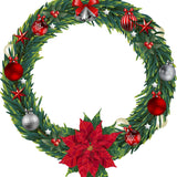 The Christmas Wreath Decal by Cover-Alls exudes holiday charm with its festive adornments, including red and silver baubles, star ornaments, ribbons, and a poinsettia. Its lush green foliage is highlighted by two silver bells at the top, making it the perfect choice for your holiday decorations.