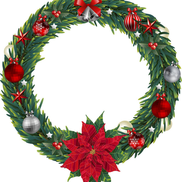 The Christmas Wreath Decal by Cover-Alls exudes holiday charm with its festive adornments, including red and silver baubles, star ornaments, ribbons, and a poinsettia. Its lush green foliage is highlighted by two silver bells at the top, making it the perfect choice for your holiday decorations.