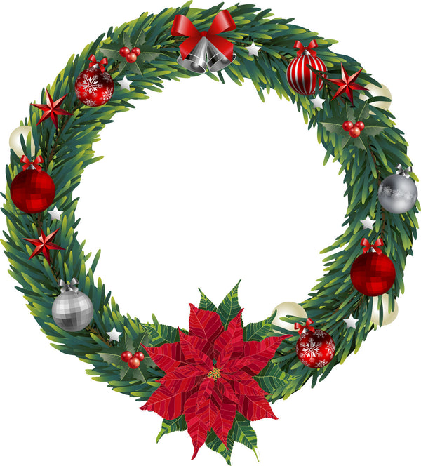 The Christmas Wreath Decal by Cover-Alls exudes holiday charm with its festive adornments, including red and silver baubles, star ornaments, ribbons, and a poinsettia. Its lush green foliage is highlighted by two silver bells at the top, making it the perfect choice for your holiday decorations.