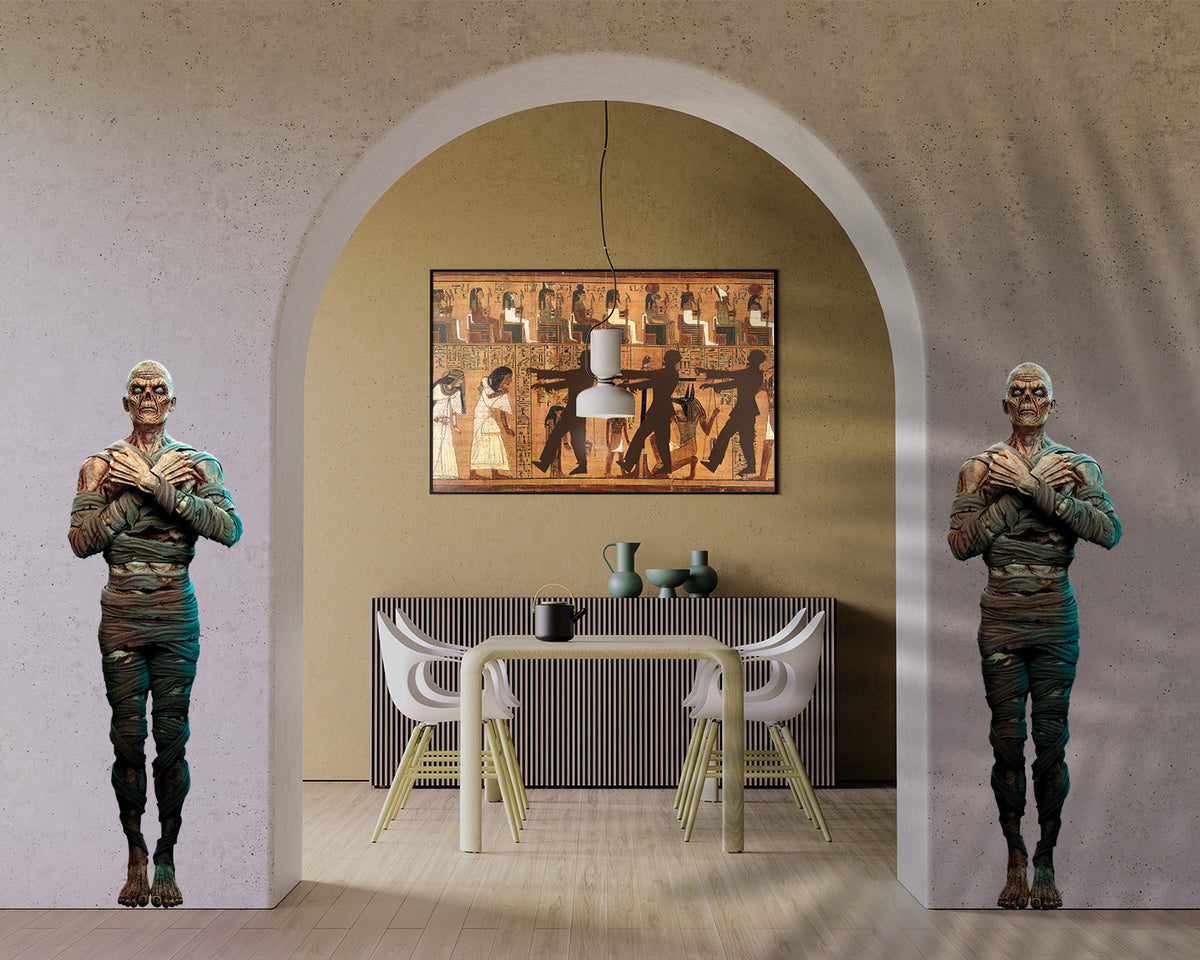 CoverAlls Egyptian Guard Mummy Zombie statues in a dining room.